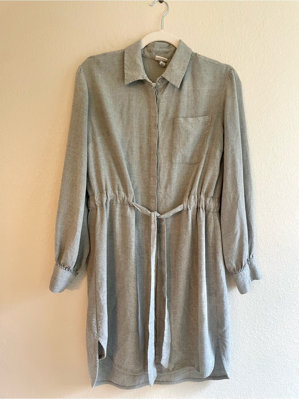 Light Gray Long-Sleeve Shirt Dress with Waist Tie